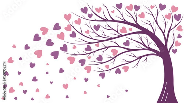 Fototapeta Vector Whimsical tree with flowing hearts in shades of pink and purple creates romantic atmosphere