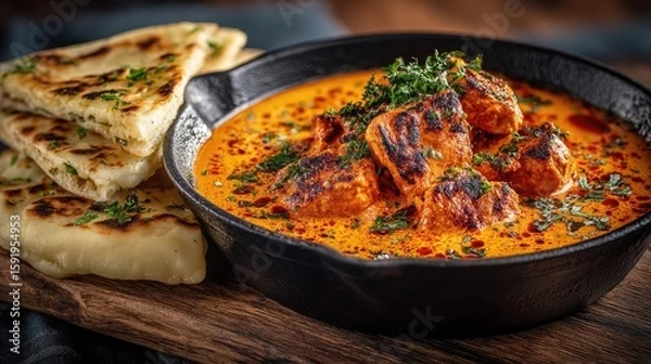 Fototapeta India dish Butter Chicken Creamy tomato-based curry with tender tandoori chicken pieces served with naan bread