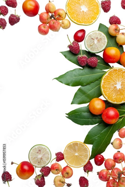 Fototapeta Vibrant Assorted Fruits and Leaves Decorative Border for Summer Design