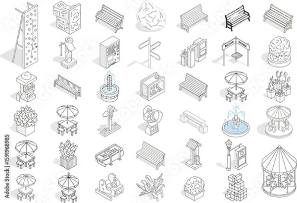 Obraz Collection of isometric line art illustrations of park and street furniture and elements