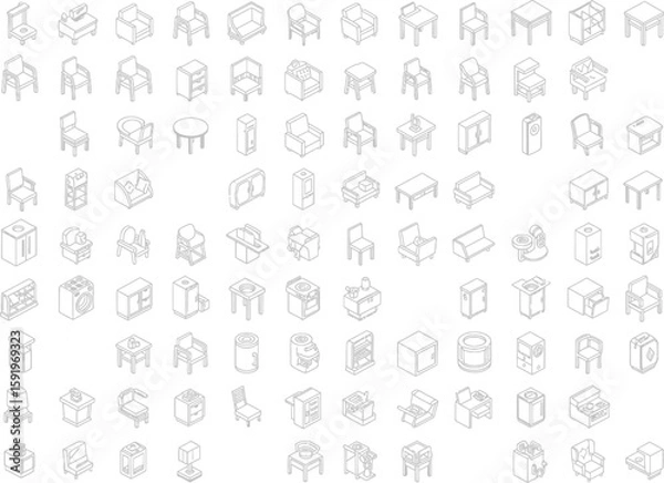 Fototapeta Collection of isometric line art furniture icons for interior design and architecture