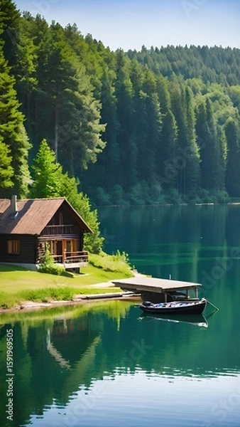 Obraz wooden cabin with a boat on the shore of a mountain lake