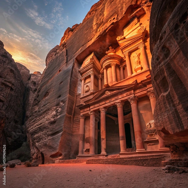 Fototapeta Sunset View of the Treasury at Petra, Jordan – Ancient Rock-Cut Architecture

