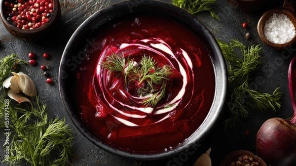 Obraz Russia dish Borsch Beetroot soup deep red with sour cream swirl