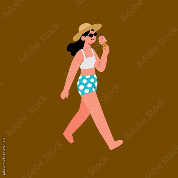 Fototapeta Summer girl enjoying ice cream and can apply it to walking on the beach