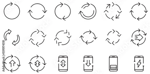 Fototapeta Cyclical Icons: An array of seamless, minimalist circular icons and arrows illustrating concepts like process, refresh, cycle, rotation, and renewal. Representing perpetual motion and change.