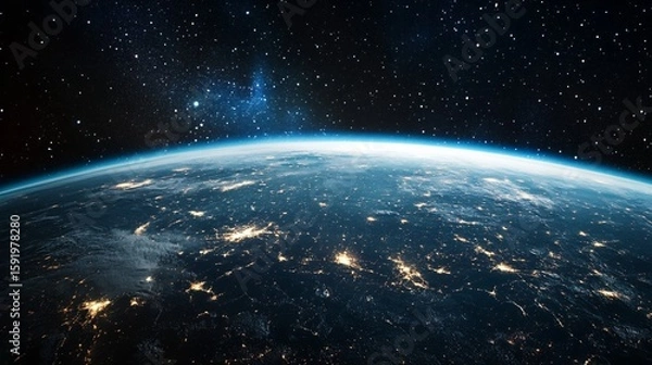 Fototapeta Earth View From Space with City Lights and Starry Background