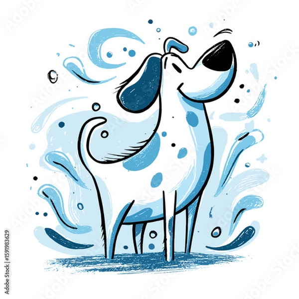 Fototapeta Happy dog wagging tail surrounded by blue splashes and swirls  