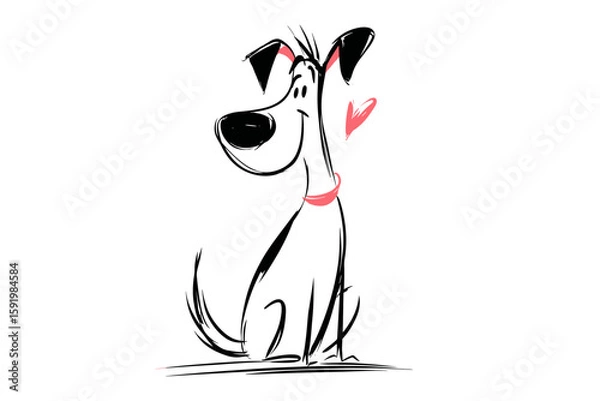 Fototapeta Hand drawn flat vector illustration of a happy dog with a heart   