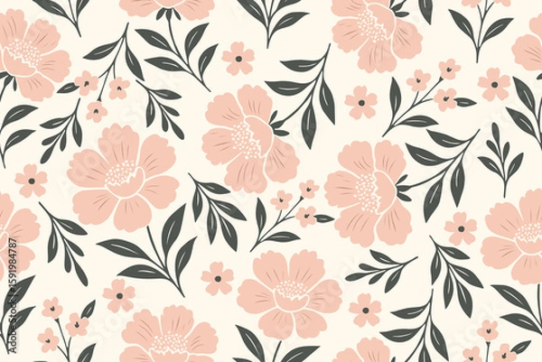 Fototapeta Soft seamless floral pattern with blush pink flowers and dark green leaves on a cream background. Ideal for fabric, wallpaper, invitations, or gift wrap.