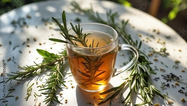 Obraz Rosemary tea in a clear mug, sprigs of rosemary and garden herbs laid around it on a sun-speckled table.