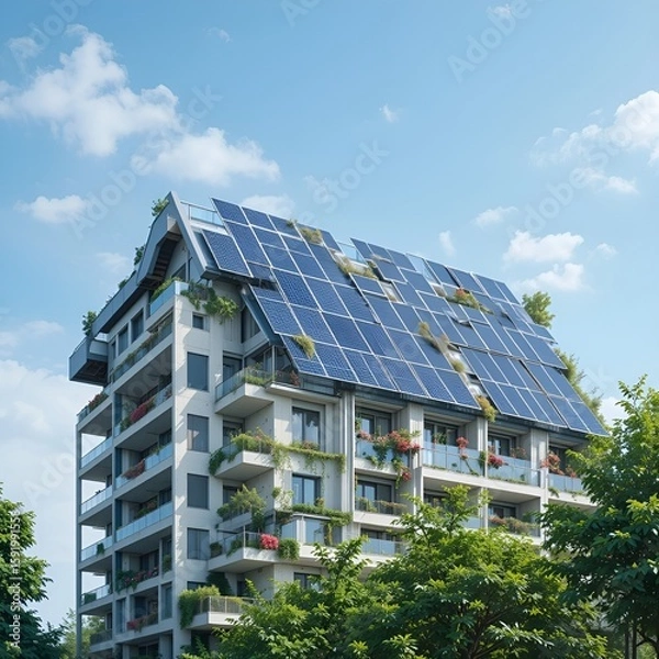 Obraz Solar panels on a modern apartment building, sustainable living, green technology, energy efficiency, innovative urban development