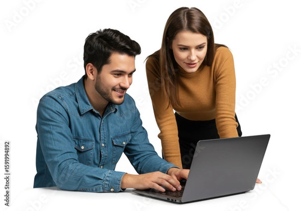 Fototapeta Man woman collaborating on a laptop transparent background