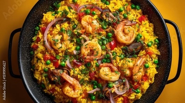 Obraz Spain dish Paella Saffron rice with seafood yellow with colorful toppings
