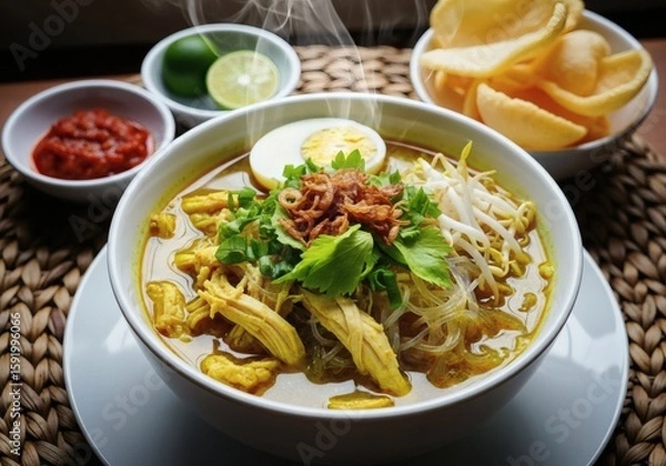 Fototapeta Steaming bowl of Soto Ayam, a traditional Indonesian chicken soup, garnished with egg, bean sprouts, and crackers.