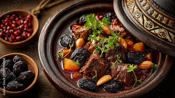 Obraz Morocco dish Tagine Slow-cooked stew in conical clay pot tender meat with prunes and almonds