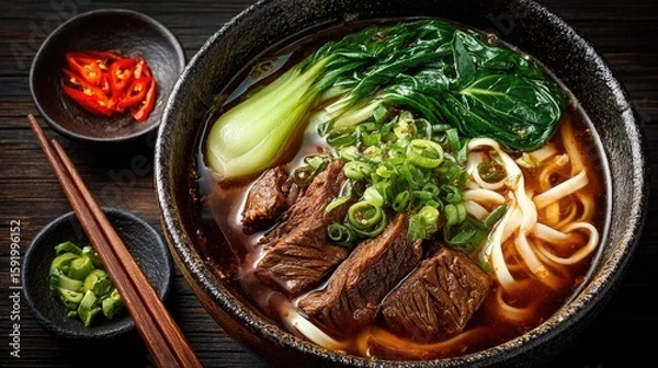 Obraz Taiwan dish Beef Noodle Soup Rich broth with tender beef dark liquid with noodles