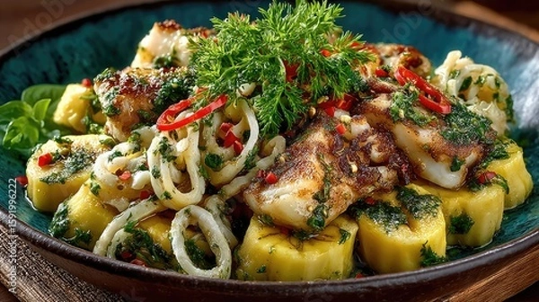Obraz St Lucia dish Green Fig and Saltfish Boiled bananas with salted cod yellow and white mix