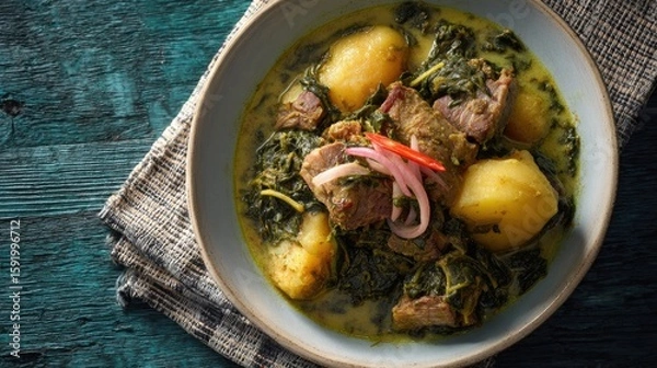 Obraz Grenada dish Oil Down Coconut milk stew with breadfruit callaloo and salted meat hearty and spiced