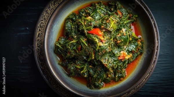 Obraz Sierra Leone dish Cassava Leaves Pounded leaves with palm oil dark green stew