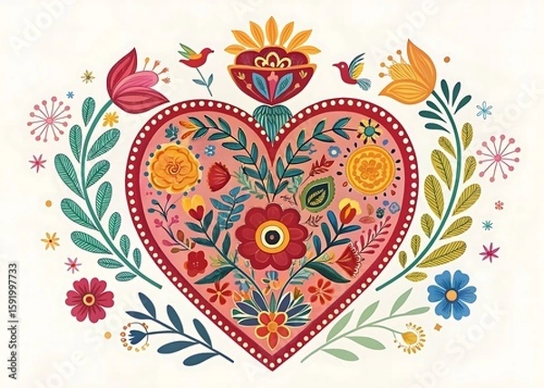 Fototapeta Colorful artistic Mexican ex voto heart adorned with vibrant floral patterns and traditional folk art elements, perfect for cultural designs, decorative prints, and festive digital illustrations