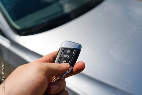 Fototapeta Unlocking a Silver Car with Remote Key Fob