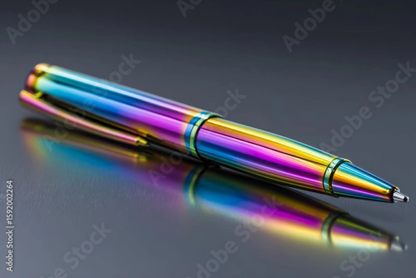 Obraz Reflective rainbow-colored ballpoint pen on a dark surface