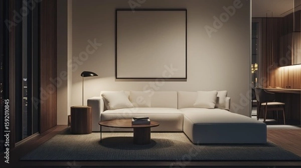 Fototapeta Modern living room at night with neutral tones.