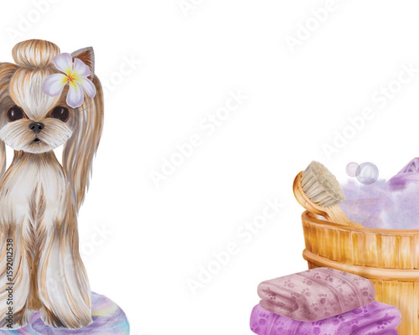 Obraz Watercolor illustration of a small Yorkshire Terrier dog with plumeria color in his hair, next to a wooden bath with foam . there are towels with bath accessories . Illustration hand-drawn on a white 