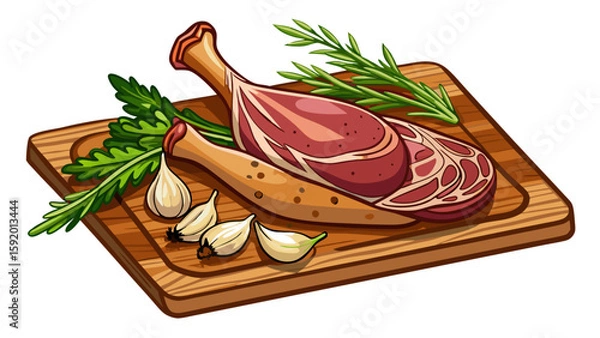 Fototapeta Traditional raw gourmet duck leg with herbs offered as close-up on a wooden design board white background