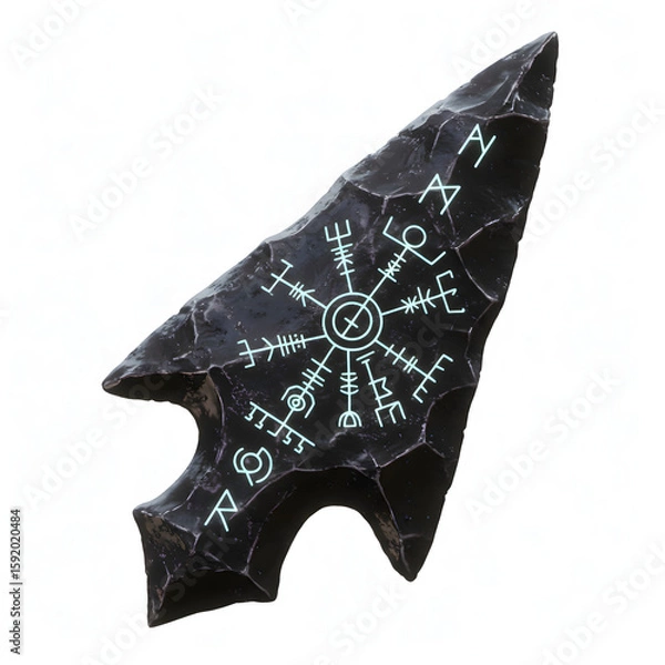 Fototapeta Viking stone arrowhead with ancient runes engraved on surface  