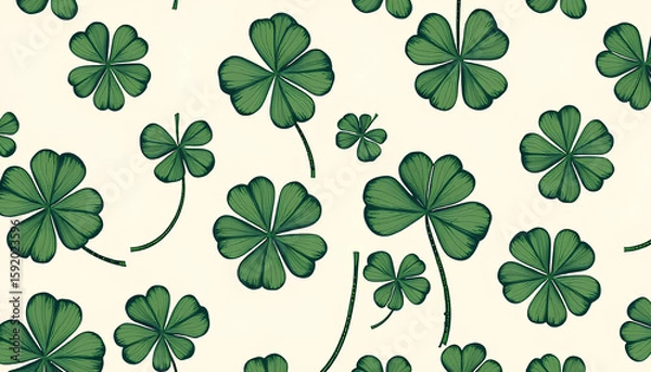 Fototapeta Clover leaf pattern with hand-drawn texture, seamless tile, light beige background, vintage botanical style 2