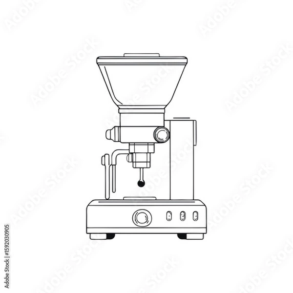 Obraz Espresso coffee grinder in outline style side view, modern barista machine illustration for café branding, kitchen posters and coffee-related content on transparent background.