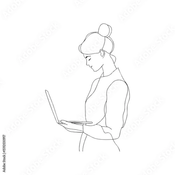 Obraz Minimalist businesswoman with bun hairstyle working on laptop, elegant and calm flat illustration for career coaching, productivity content and women in tech visuals on transparent background.