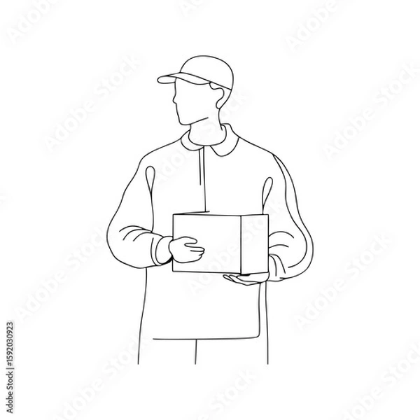Obraz Delivery man holding box in cap and uniform, line drawing illustration of courier in flat style for logistics services, shipping apps, and delivery branding on transparent background.