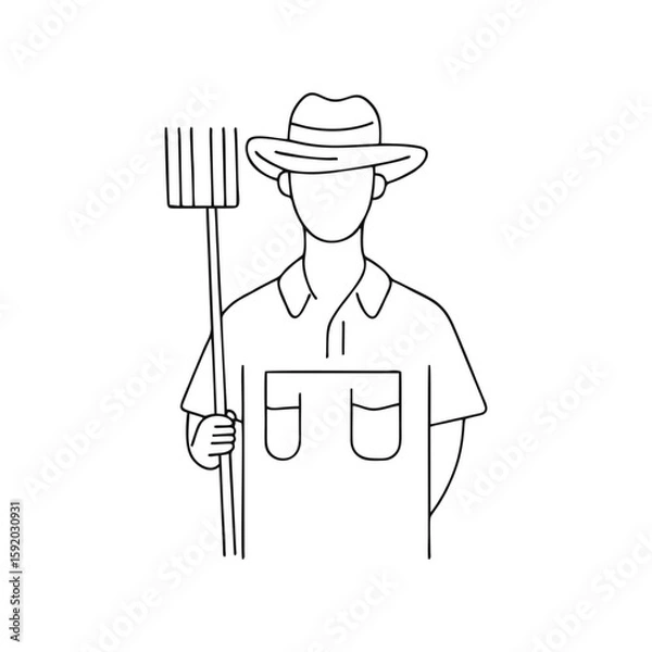 Obraz Farmer in hat holding pitchfork front view, simple line art character illustration for agricultural content, farming websites and organic food branding on transparent background.