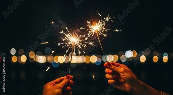 Obraz Two people holding lit sparklers with bokeh background at night