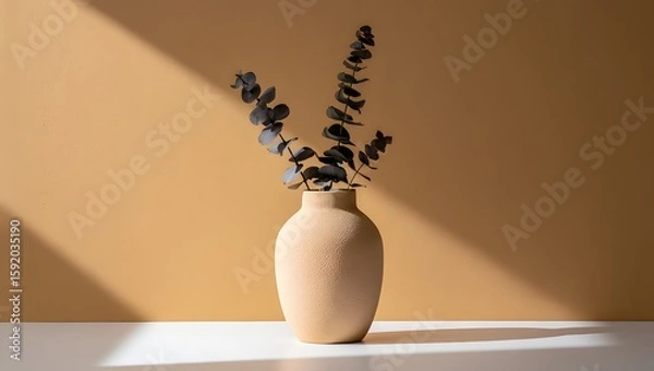 Fototapeta Minimalist Still Life with Eucalyptus in Ceramic Vase on Table