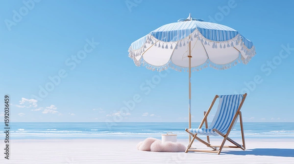 Fototapeta Serene beach scene presents a deck chair under an umbrella, ideal for relaxation or vacation-themed marketing and web design.