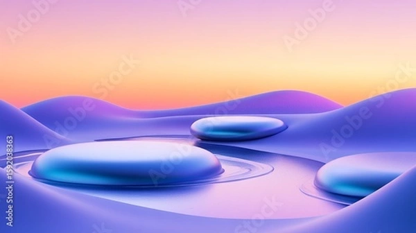 Fototapeta Abstract Landscape with Glossy Podiums and Smooth Purple Hills Background