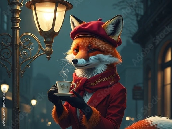 Obraz Fox with city street, tea, and night.