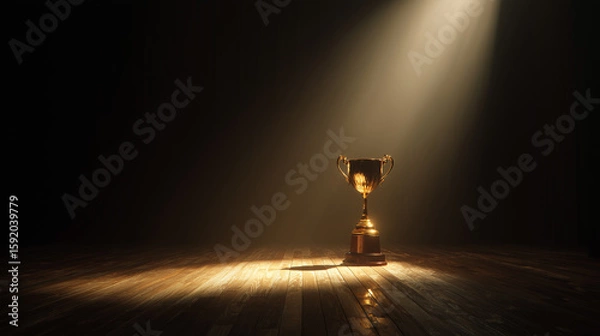 Fototapeta Spotlit Trophy Symbolizes Success. Golden cup stands on stage under light. Ideal for marketing, web design, awards, contest, achievement, victory, celebration.