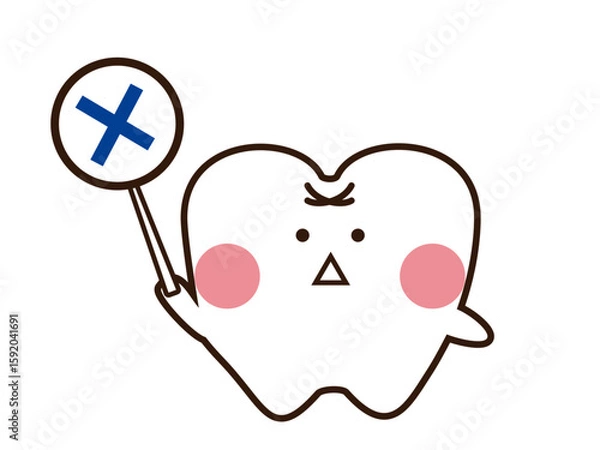 Obraz バツを持っているかわいい歯のマスコットキャラクター
