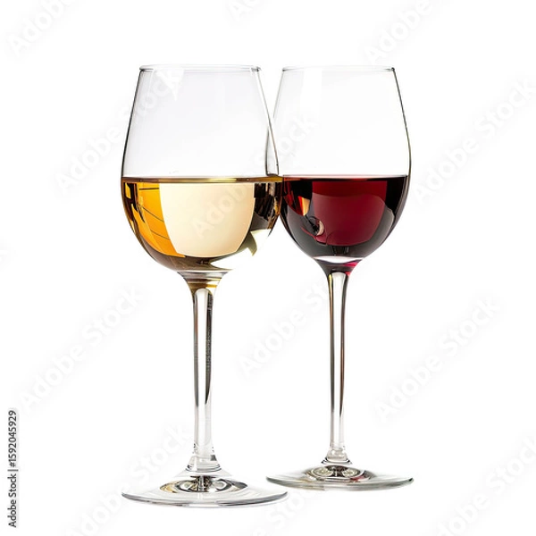 Fototapeta Two wine glasses, one filled with white wine, the other with red wine, stand side-by-side against a black background.  