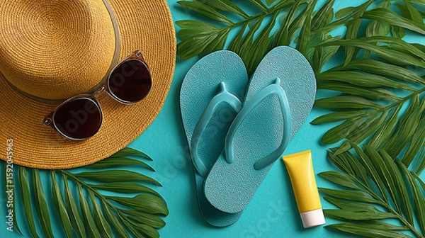Fototapeta vibrant layflat summer aesthetics on Adobe Stock, showcasing beach-ready essentials like flip-flops, sunscreen, sunglasses, and palm leaves. Ideal for travel blogs, summer promotions, skincare ads