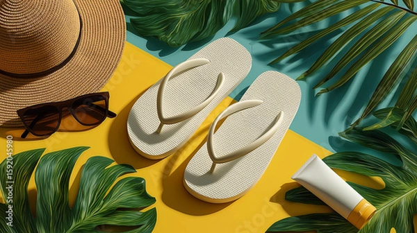 Fototapeta vibrant layflat summer aesthetics on Adobe Stock, showcasing beach-ready essentials like flip-flops, sunscreen, sunglasses, and palm leaves. Ideal for travel blogs, summer promotions, skincare ads