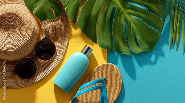Fototapeta vibrant layflat summer aesthetics on Adobe Stock, showcasing beach-ready essentials like flip-flops, sunscreen, sunglasses, and palm leaves. Ideal for travel blogs, summer promotions, skincare ads