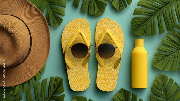 Fototapeta vibrant layflat summer aesthetics on Adobe Stock, showcasing beach-ready essentials like flip-flops, sunscreen, sunglasses, and palm leaves. Ideal for travel blogs, summer promotions, skincare ads