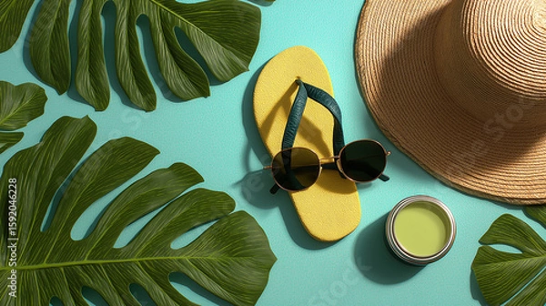 Fototapeta vibrant layflat summer aesthetics on Adobe Stock, showcasing beach-ready essentials like flip-flops, sunscreen, sunglasses, and palm leaves. Ideal for travel blogs, summer promotions, skincare ads