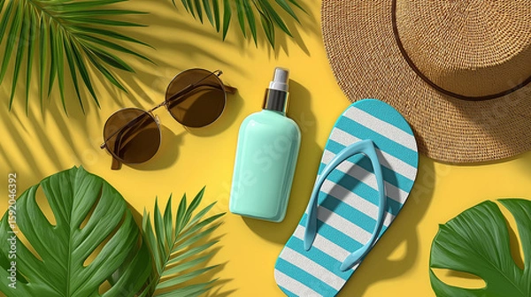 Fototapeta vibrant layflat summer aesthetics on Adobe Stock, showcasing beach-ready essentials like flip-flops, sunscreen, sunglasses, and palm leaves. Ideal for travel blogs, summer promotions, skincare ads
